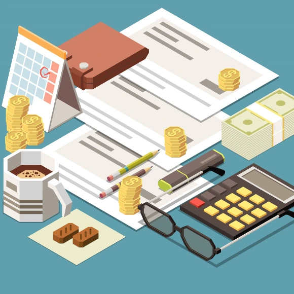 Il&middot;lustraci&oacute; de documents financers, calendari, calculadora, diners i caf&egrave;, representant la gesti&oacute; i formaci&oacute; en cr&egrave;dits immobiliaris del curs intensiu homologat pel Banc d&rsquo;Espanya d&rsquo;AICAT Barcelona.